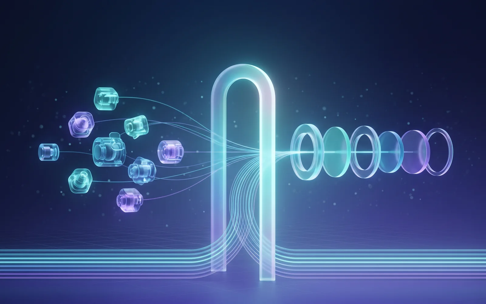 Abstract dark-blue scene of glowing machine nodes, translucent model rings and a luminous gate between them
