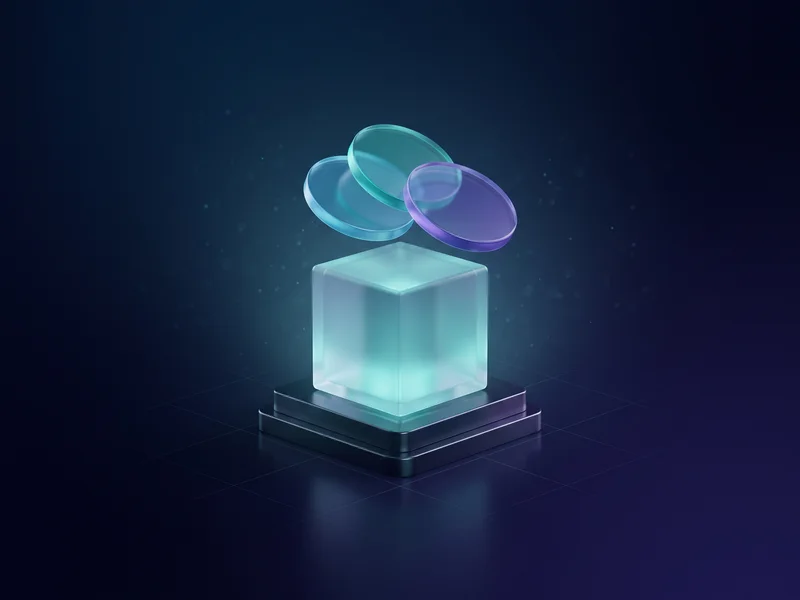 A small glowing vault on a machine plinth with translucent model discs orbiting above it