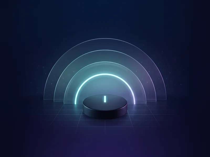A glowing circular dial with three graduated arcs rising behind it