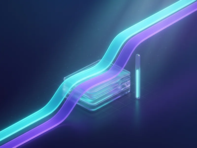 Two parallel ribbons of light flowing into stacked translucent layers with a small meter alongside