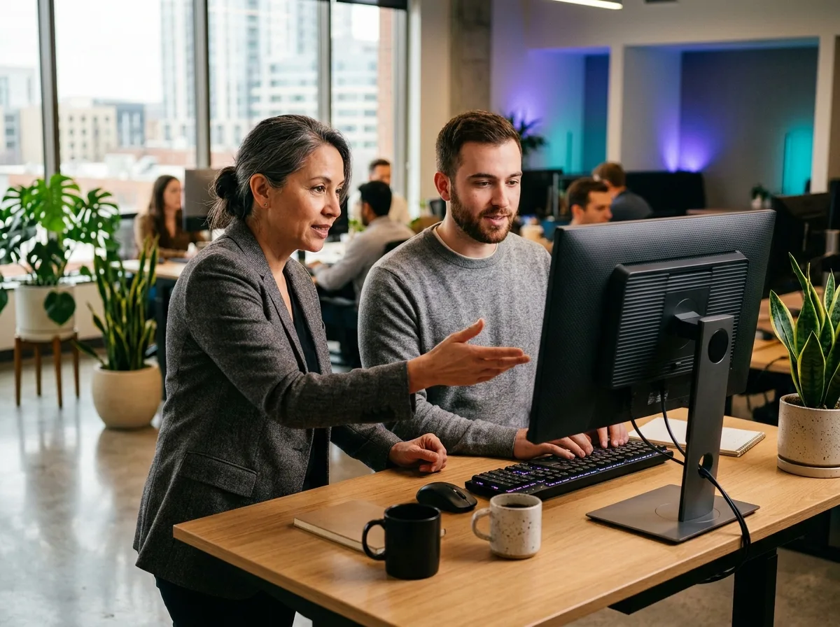 A senior engineer guiding a developer through code at a standing desk in a modern office