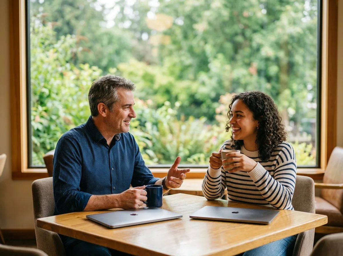 A senior engineer mentoring a new hire over coffee, depicting onboarding and enablement