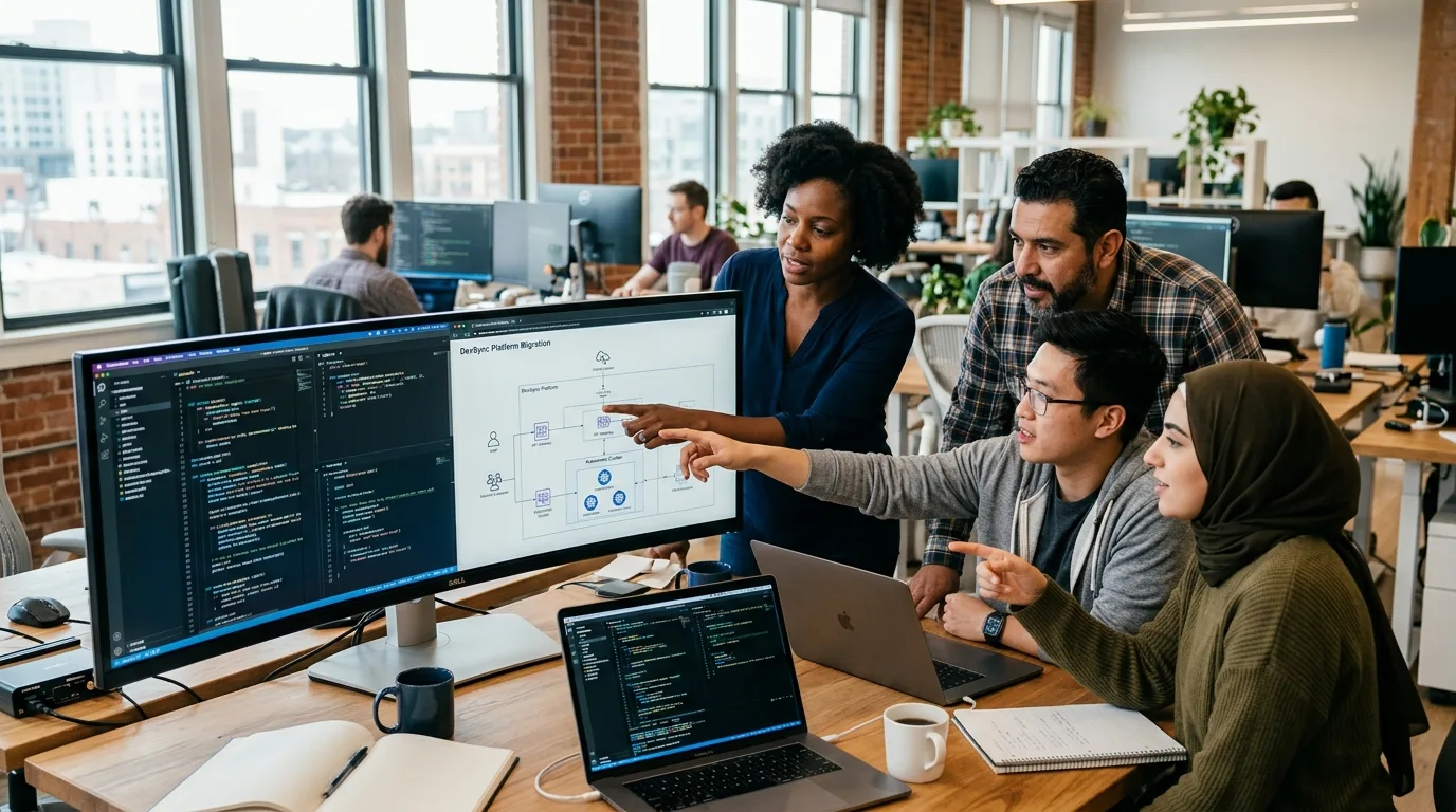 A team of consultants and engineers collaborating around a large monitor while helping a customer adopt a developer platform