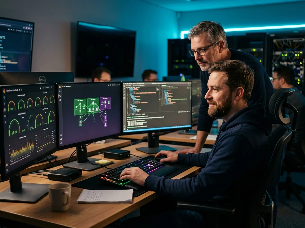 Two DevOps engineers reviewing operations dashboards on multiple monitors in a calm operations room