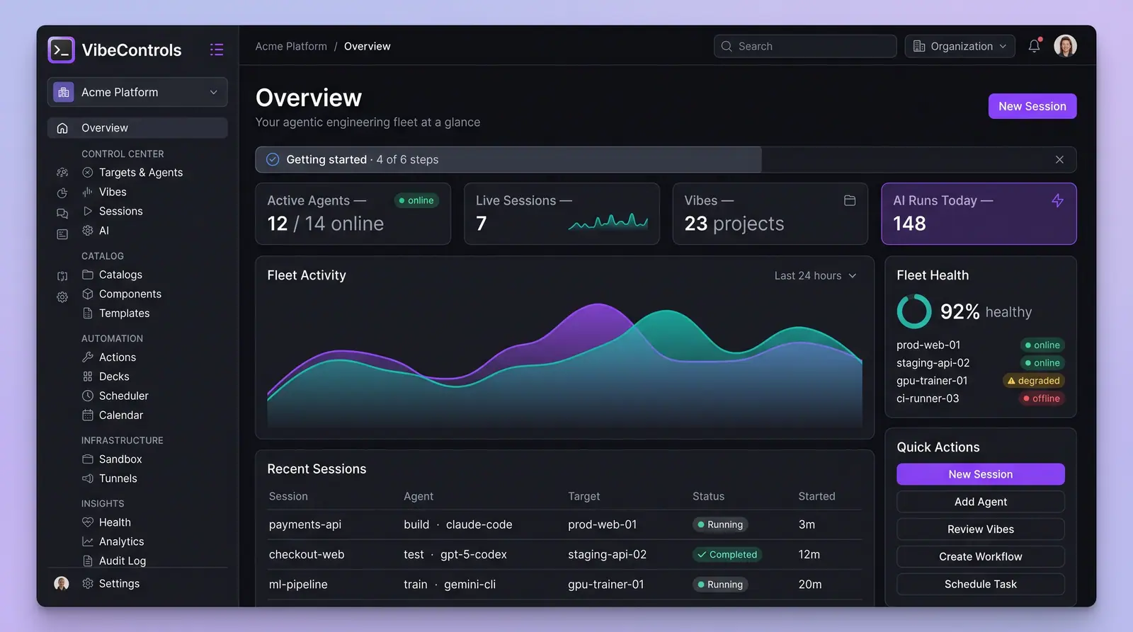 Concept illustration of the VibeControls desktop overview with fleet counters, an activity chart, fleet health, recent sessions and quick actions