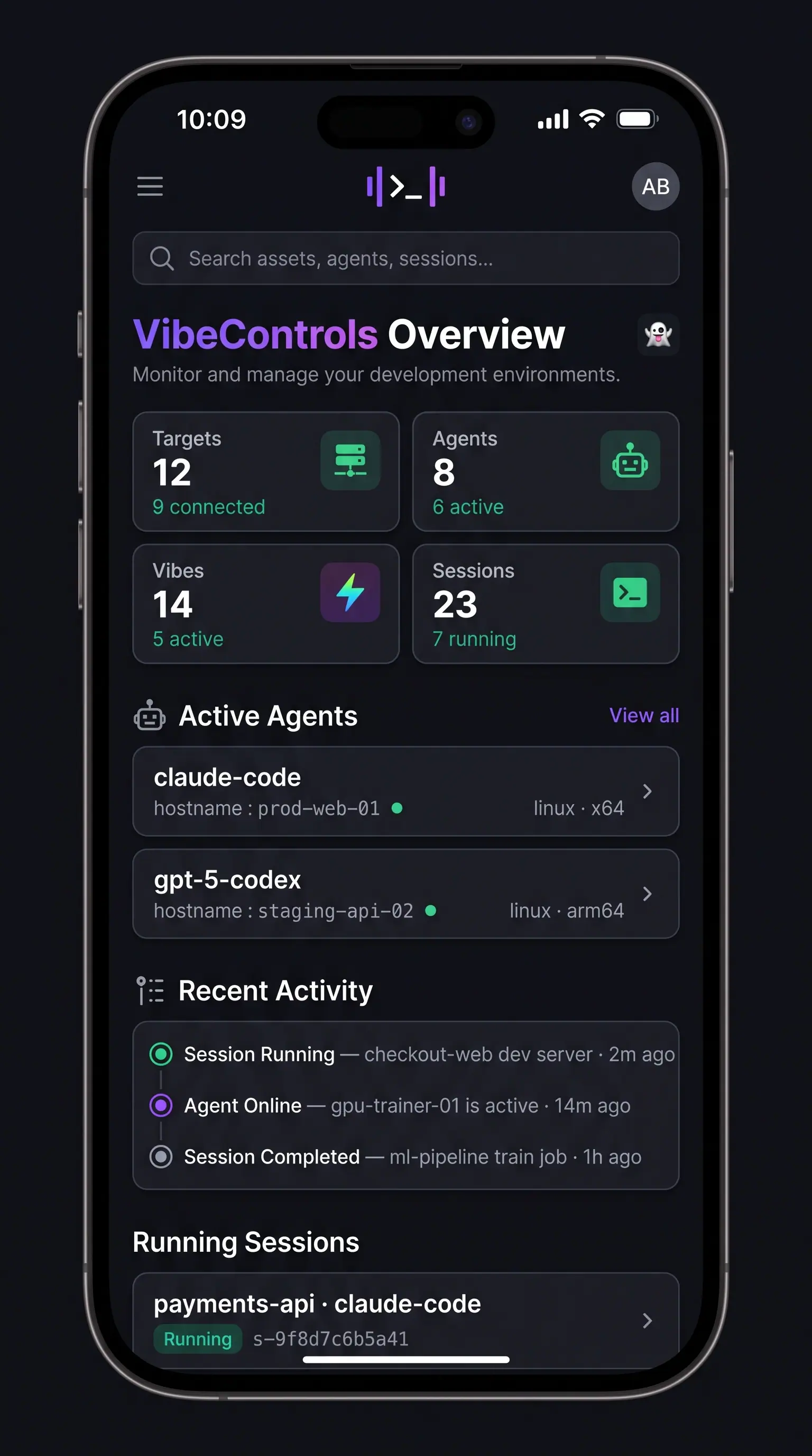 Concept illustration of the VibeControls mobile overview with stat tiles, active agents, a recent activity timeline and running sessions