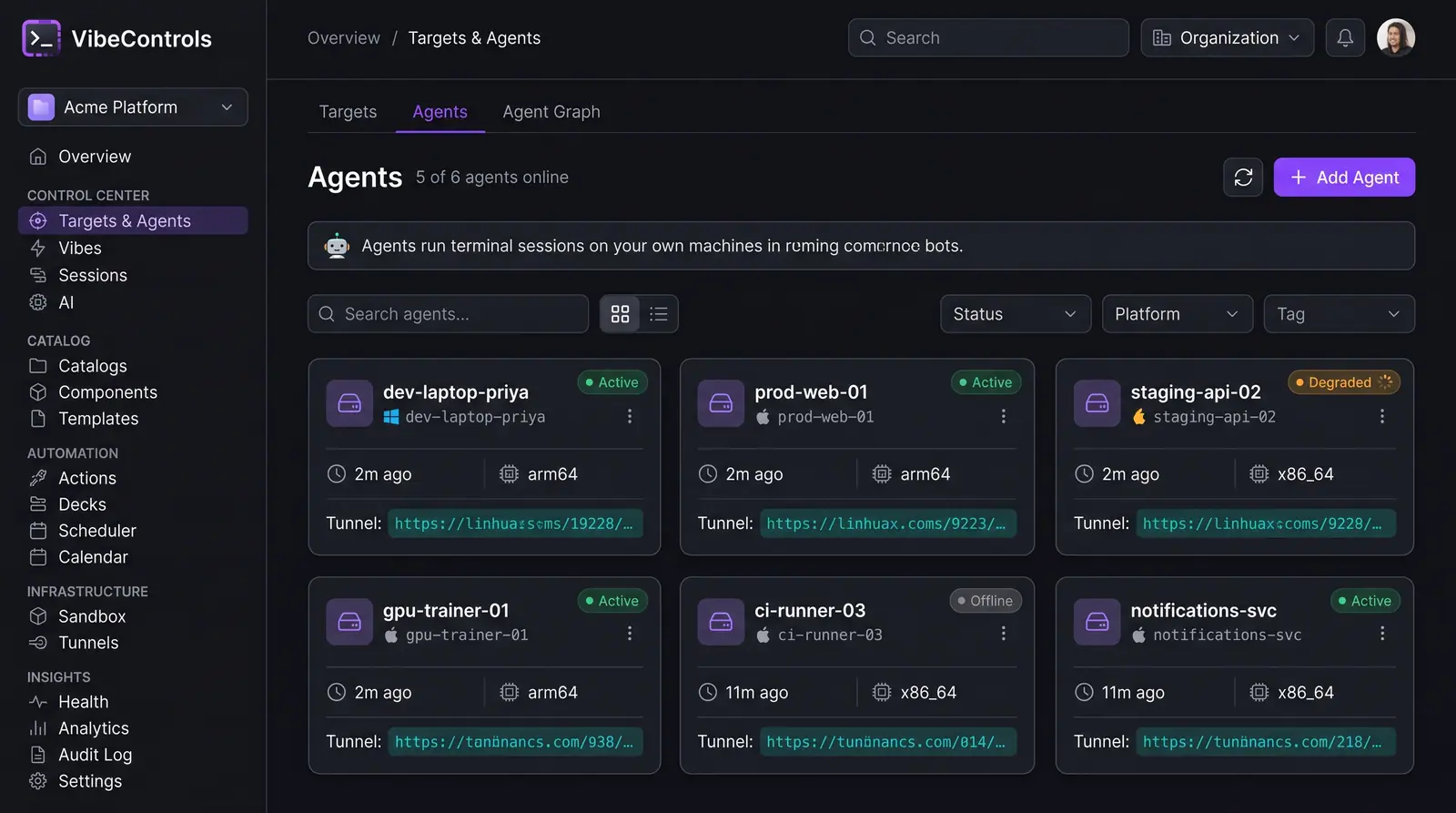 Concept illustration of the VibeControls Agents tab showing a grid of agent cards with status, architecture and tunnel details plus filters