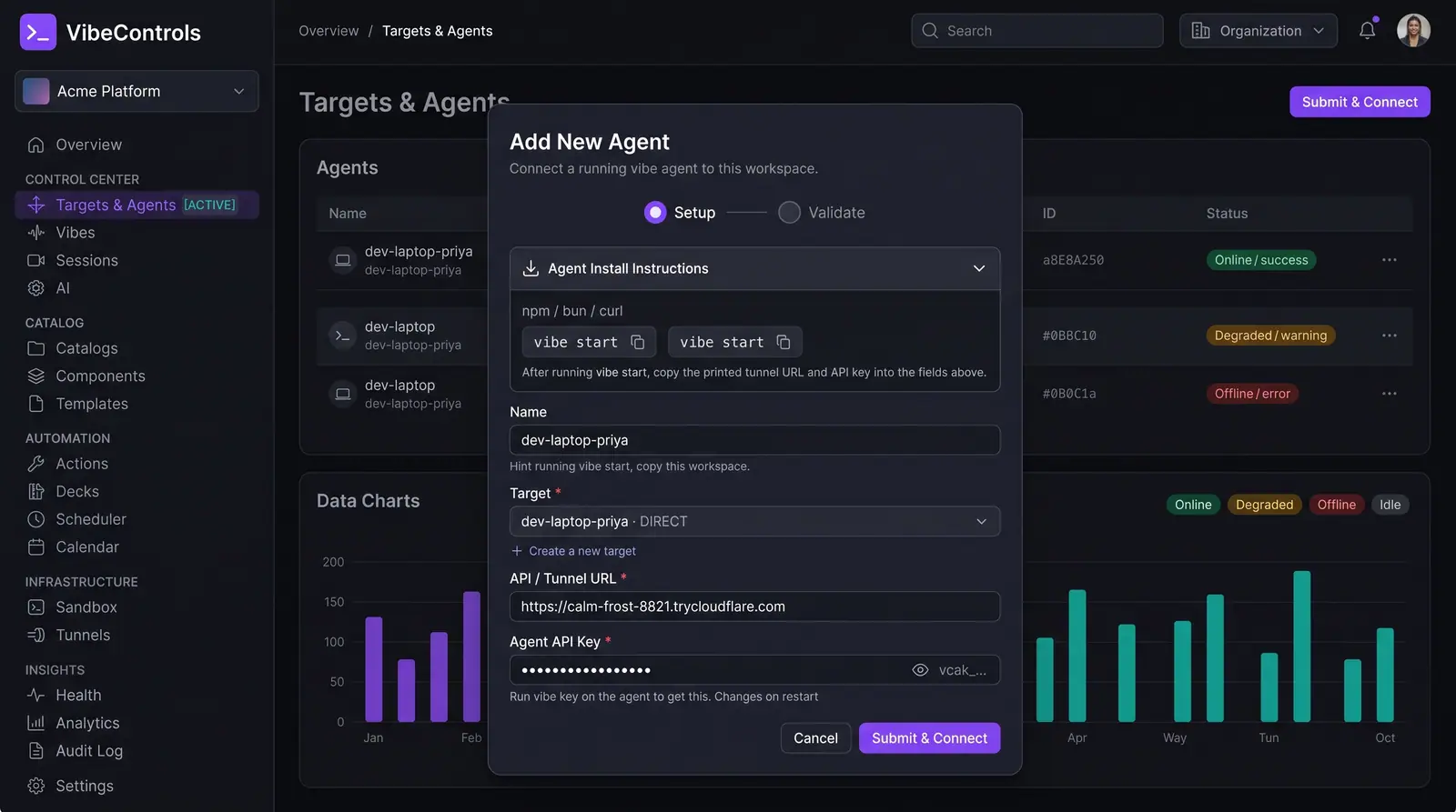 Concept illustration of the VibeControls Add New Agent dialog with a Setup and Validate stepper, target picker, tunnel URL and masked API key