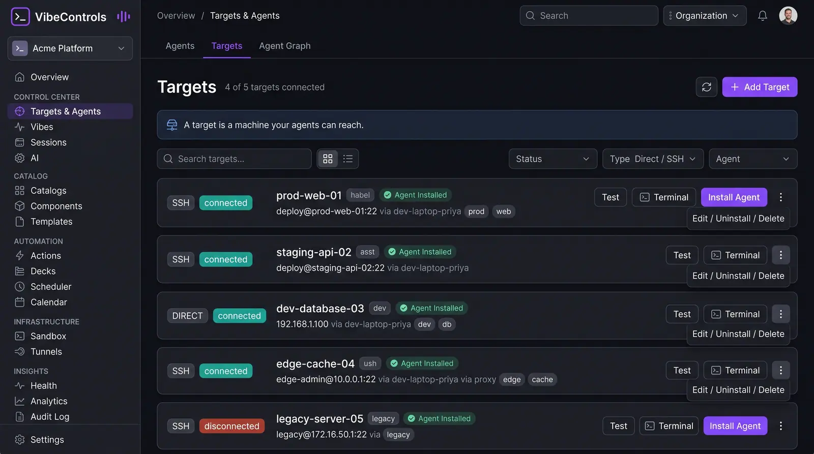 Concept illustration of the VibeControls Targets tab listing SSH and direct machines with connection status, labels and row actions