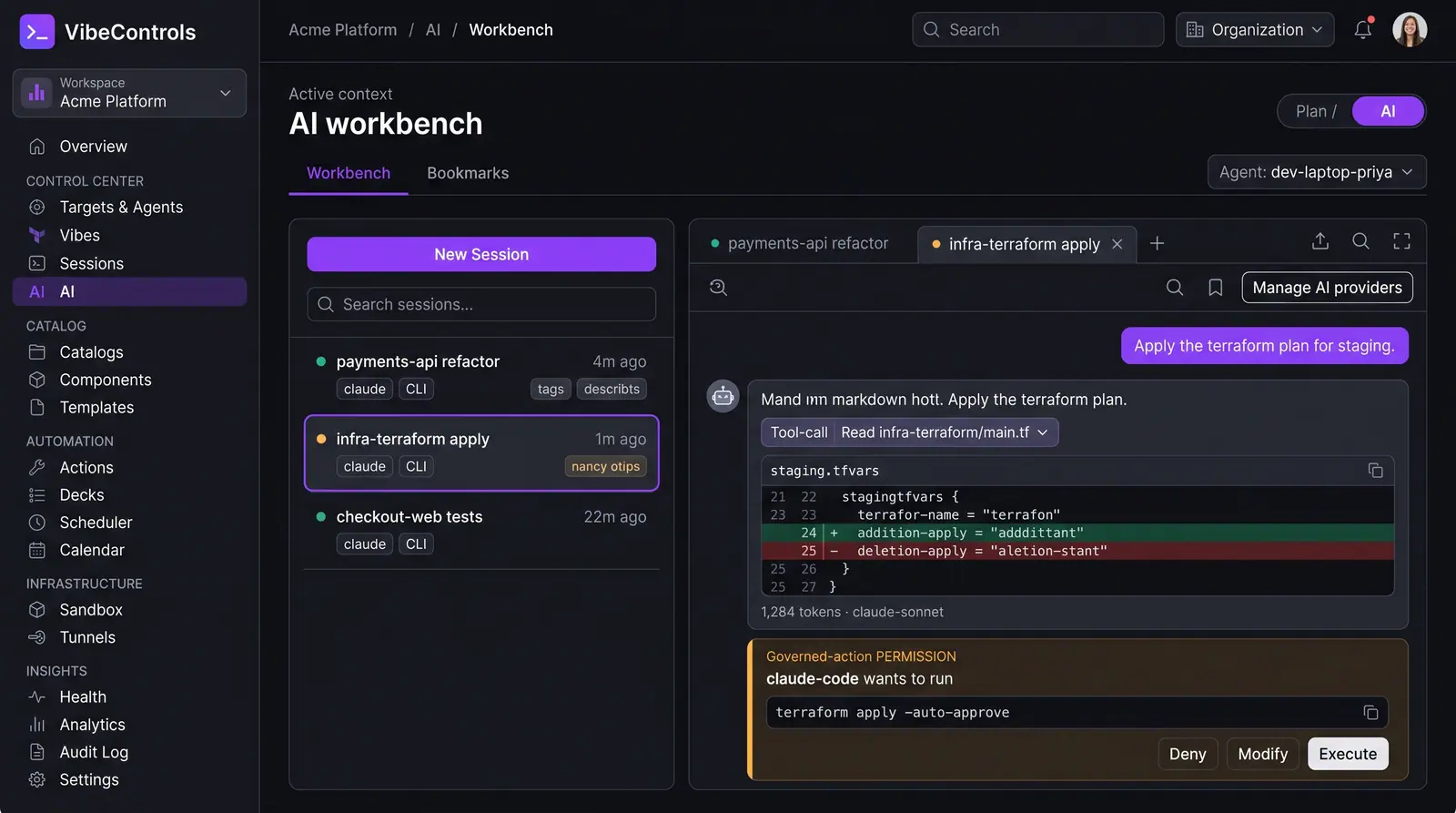Concept illustration of a VibeControls AI chat where an agent's infrastructure apply command waits on a permission card with Deny, Modify and Execute
