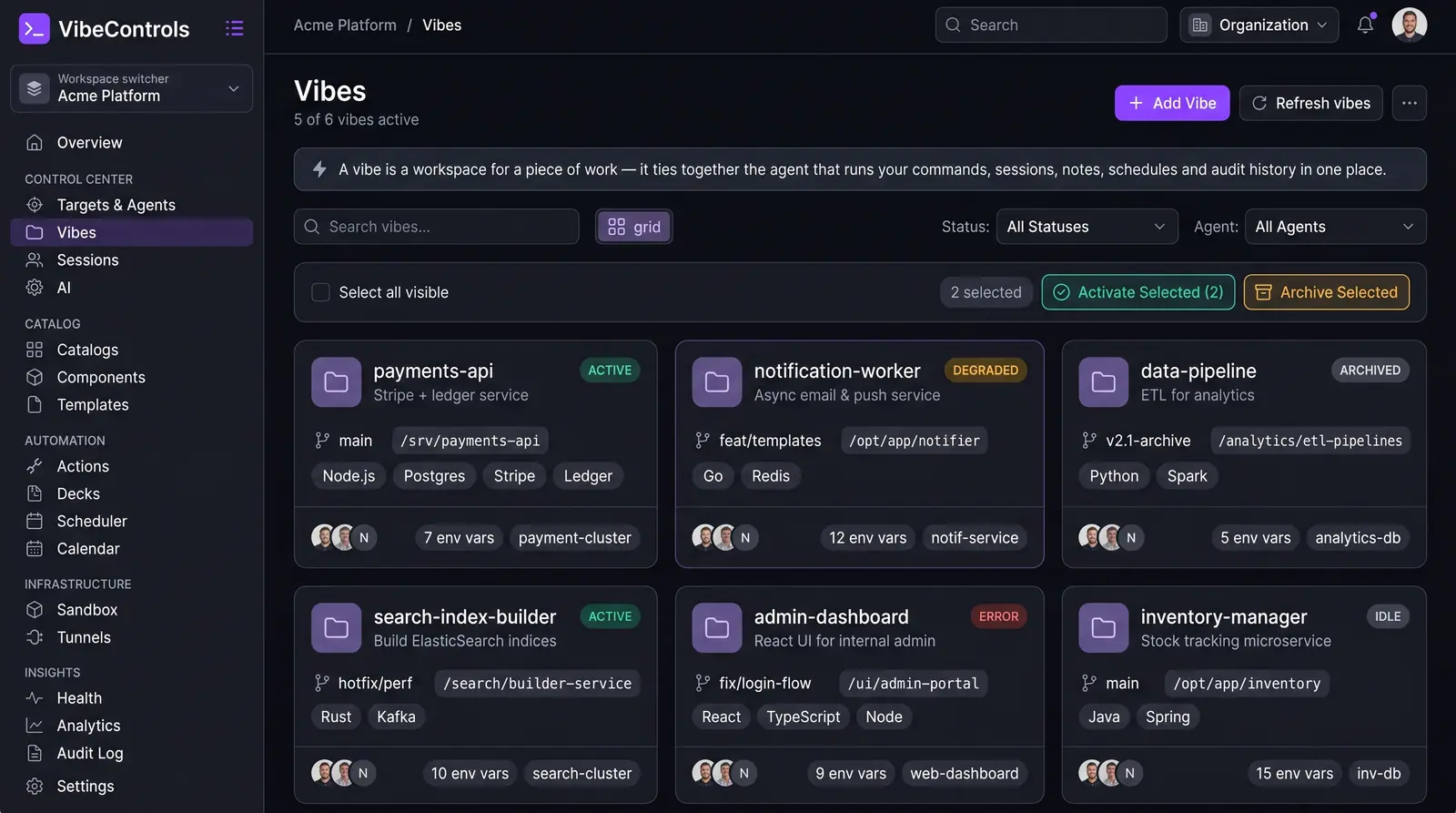 Concept illustration of the VibeControls Vibes list with project cards showing status, branch, folder path, stack, members and env var counts