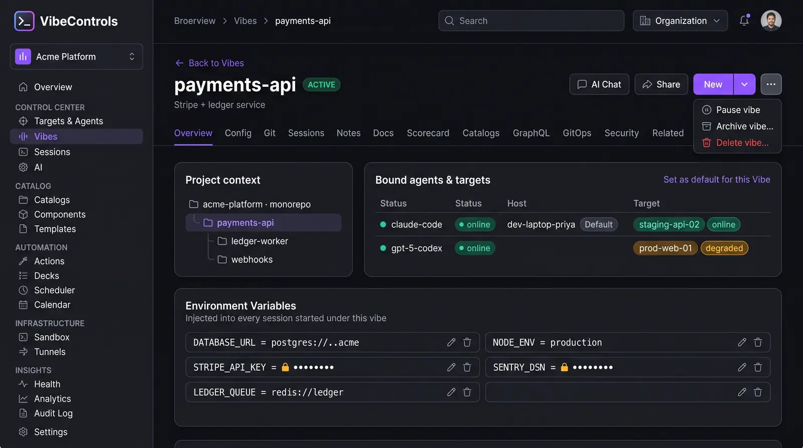 Concept illustration of a VibeControls vibe overview with a project tree, bound agents and targets, and masked environment variables