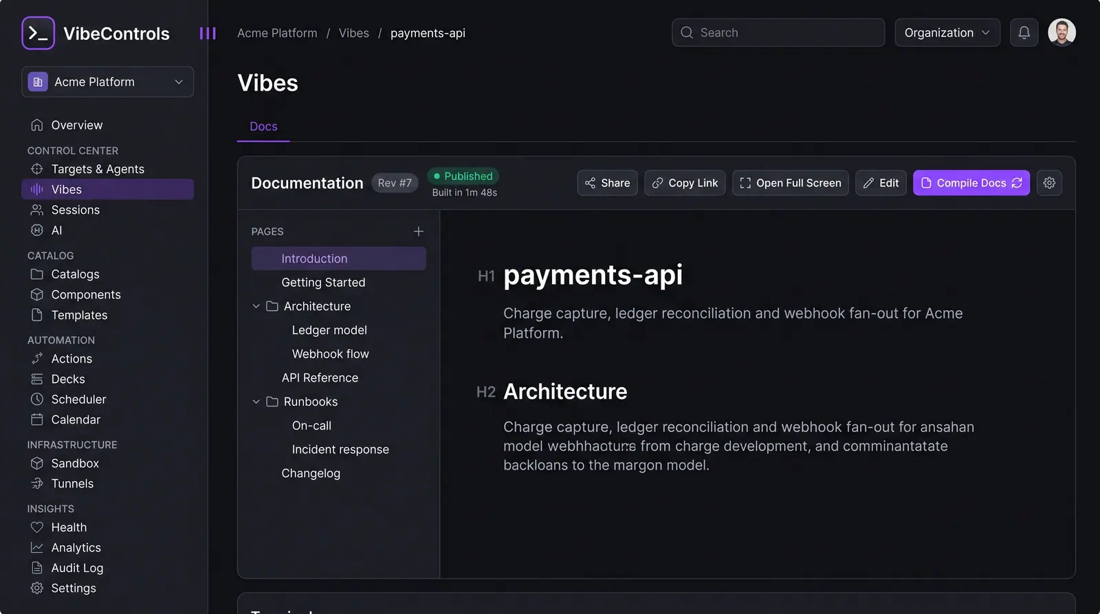 Concept illustration of a VibeControls vibe Docs tab with a page tree, a published revision badge, a Compile Docs action and a rendered page