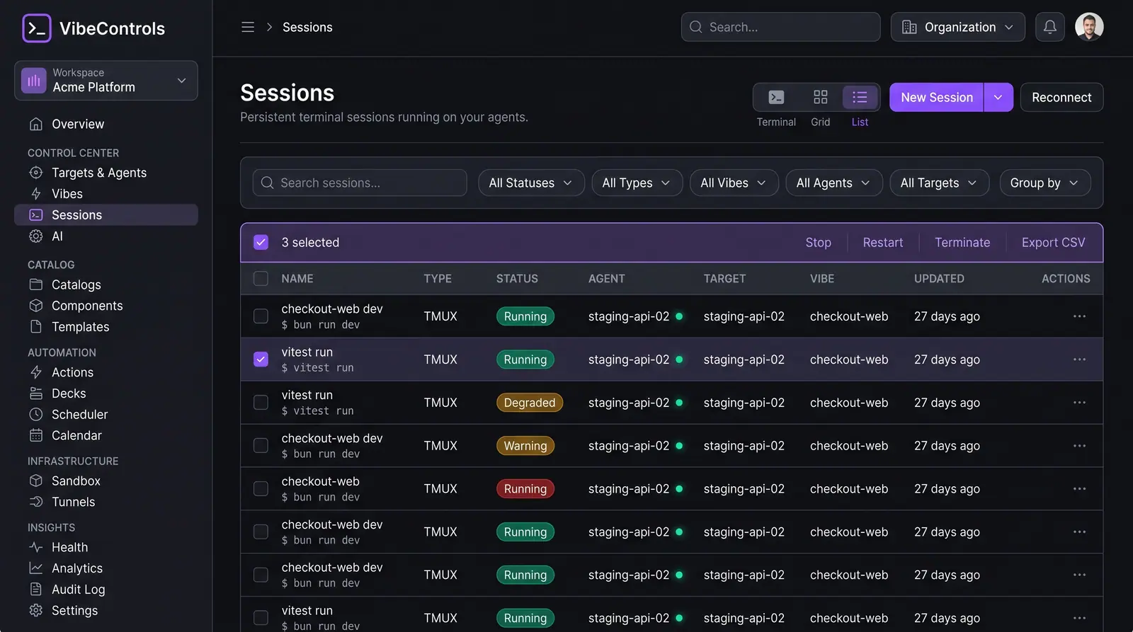 Concept illustration of a VibeControls Sessions table with filters, a bulk-action bar and rows showing type, status, agent, target and vibe