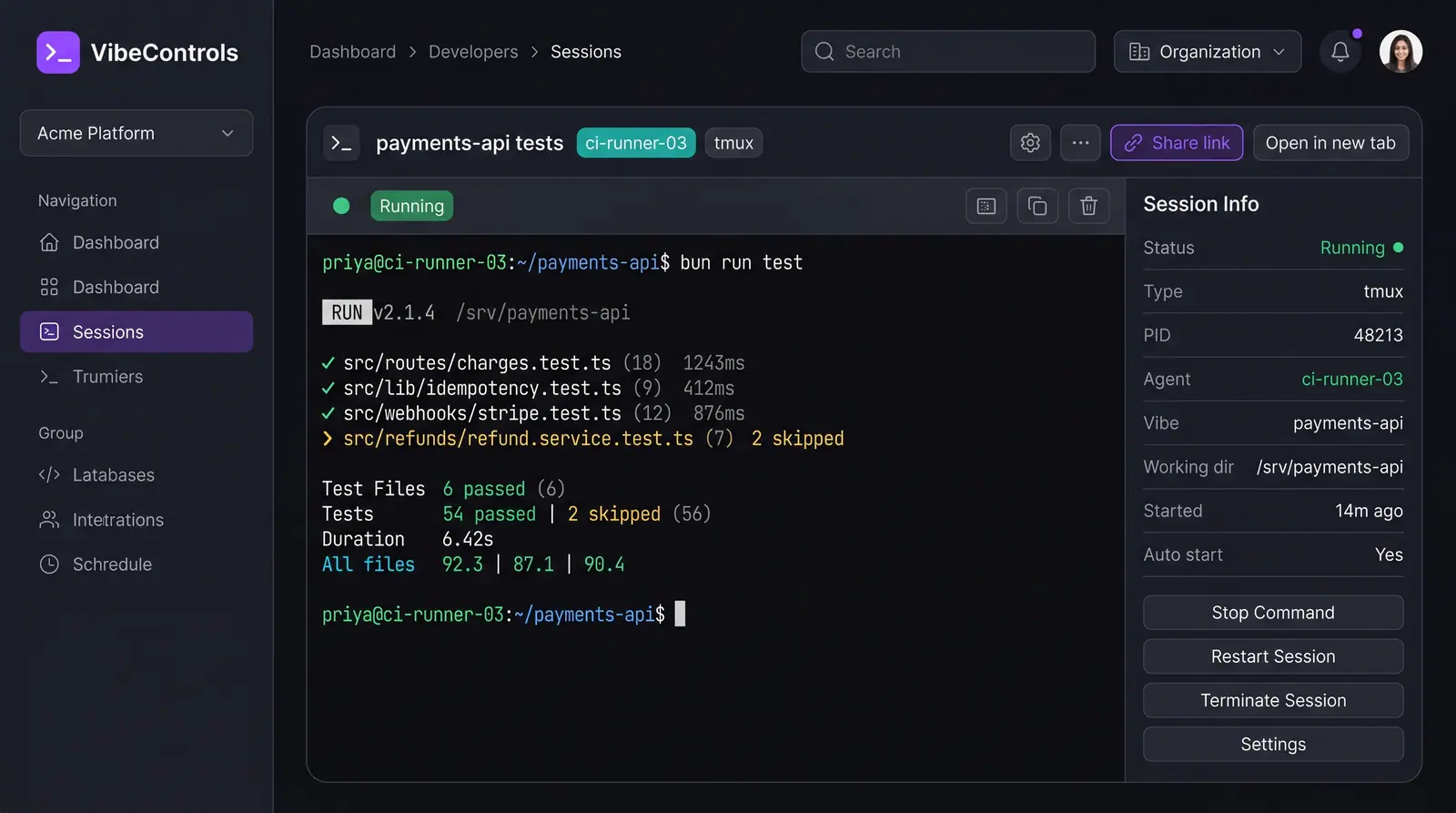 Concept illustration of a VibeControls session running tests in a live browser terminal beside a Session Info panel with session controls