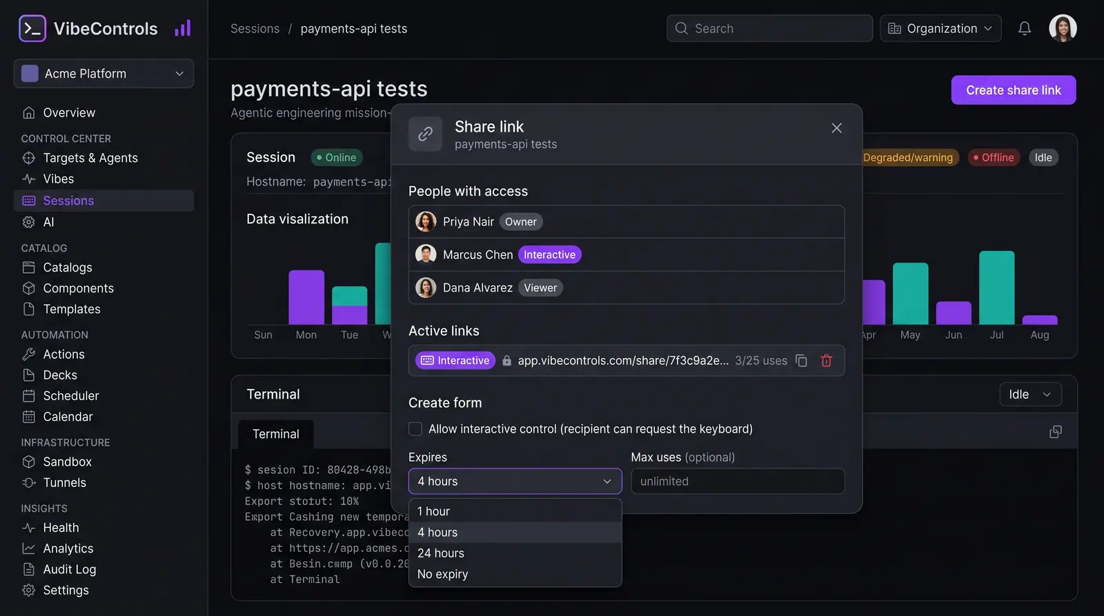 Concept illustration of a VibeControls Share link dialog with access roles, an active interactive link and expiry options for a new link