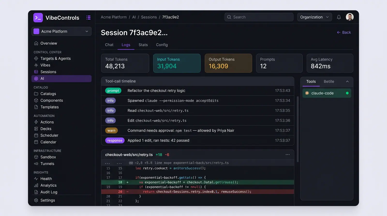 Concept illustration of a VibeControls AI session log view with token and latency tiles, a tool-call timeline and an applied file diff