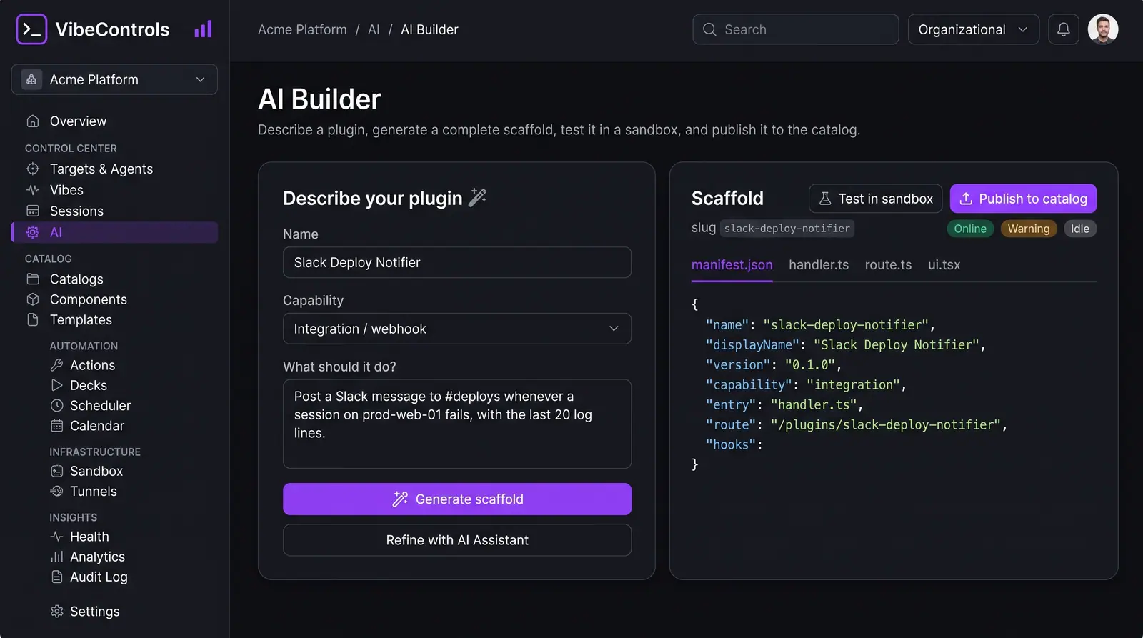 Concept illustration of the VibeControls AI Builder turning a plain-language plugin description into a scaffold with test and publish actions