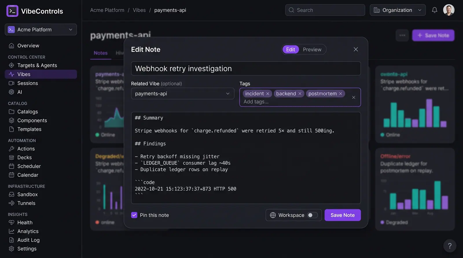 Concept illustration of the VibeControls note editor with a markdown incident summary, related vibe, tags, pin option and visibility toggle