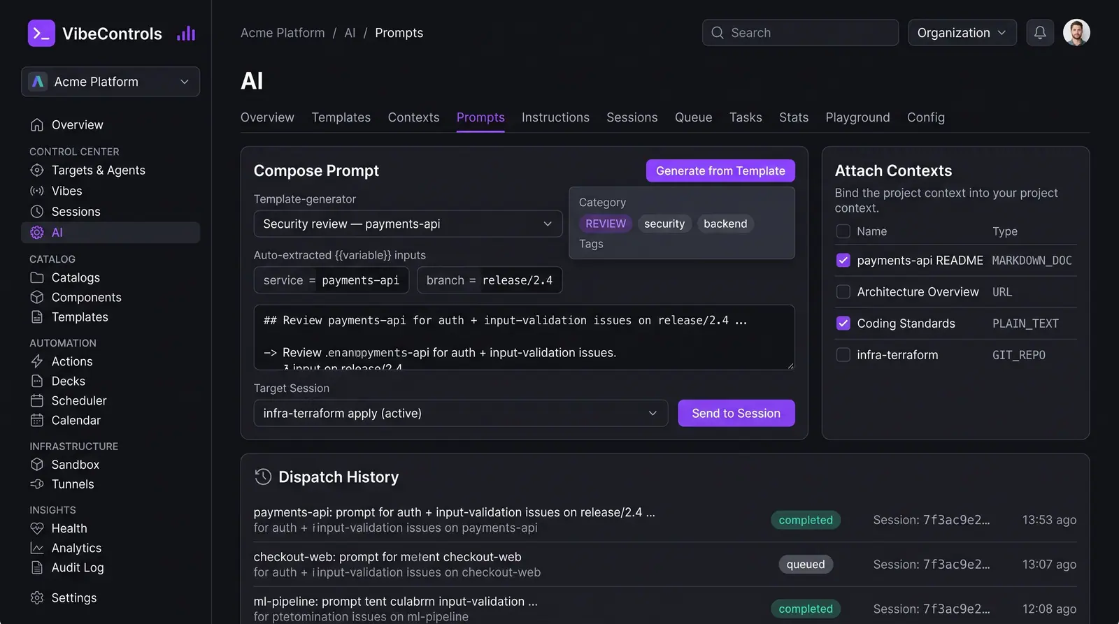 Concept illustration of a Prompts tab with a template-driven composer, variable inputs, attached contexts and a dispatch history list