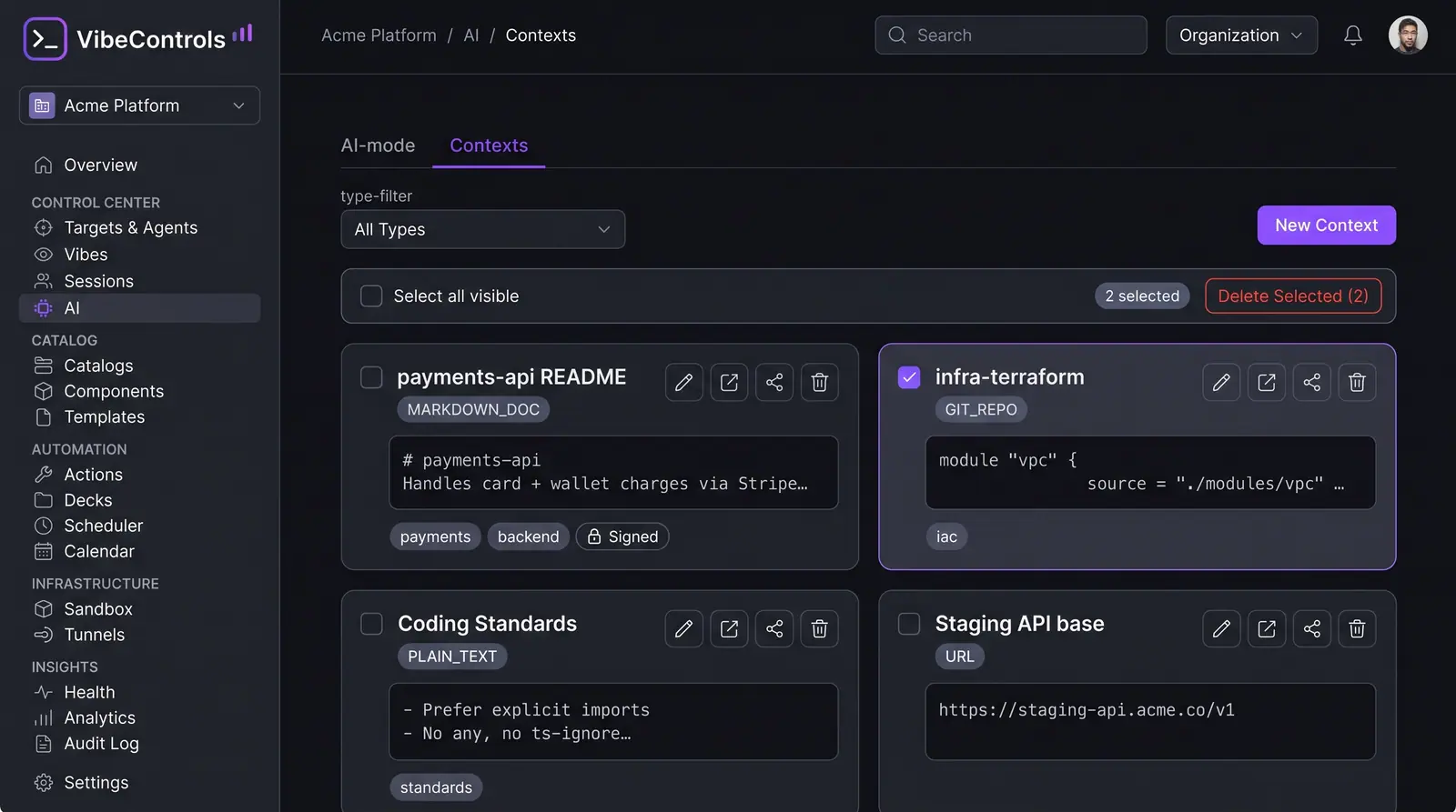 Concept illustration of an AI contexts library with cards for a markdown document, a git repository, coding standards and a URL