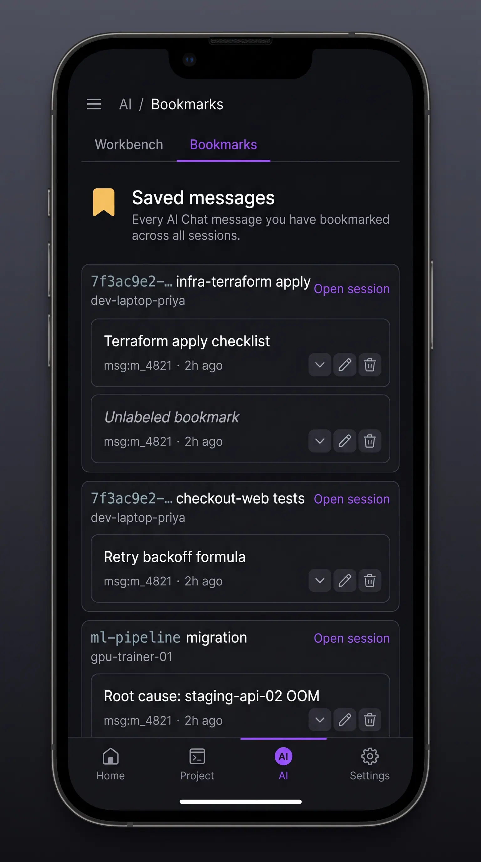 Concept illustration of VibeControls AI bookmarks on a phone, listing saved messages grouped by session with open, edit and delete controls