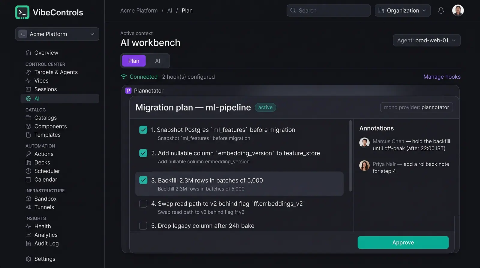 Concept illustration of an AI workbench plan view with a numbered migration plan, reviewer annotations and an Approve button