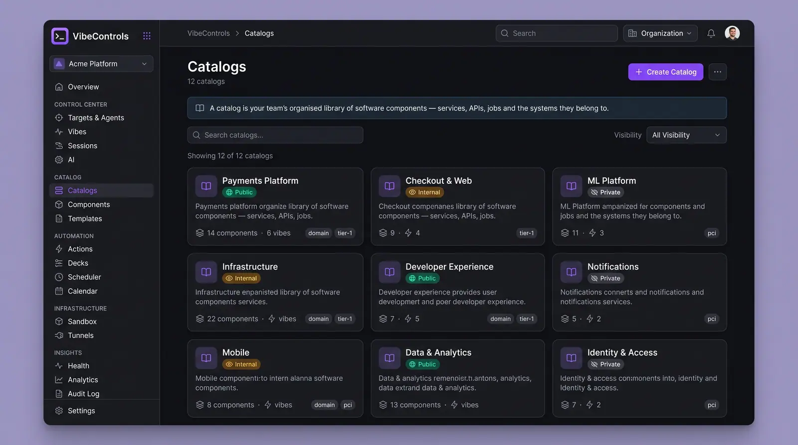Concept illustration of a Catalogs page with a grid of catalog cards showing visibility badges, component and vibe counts and tags
