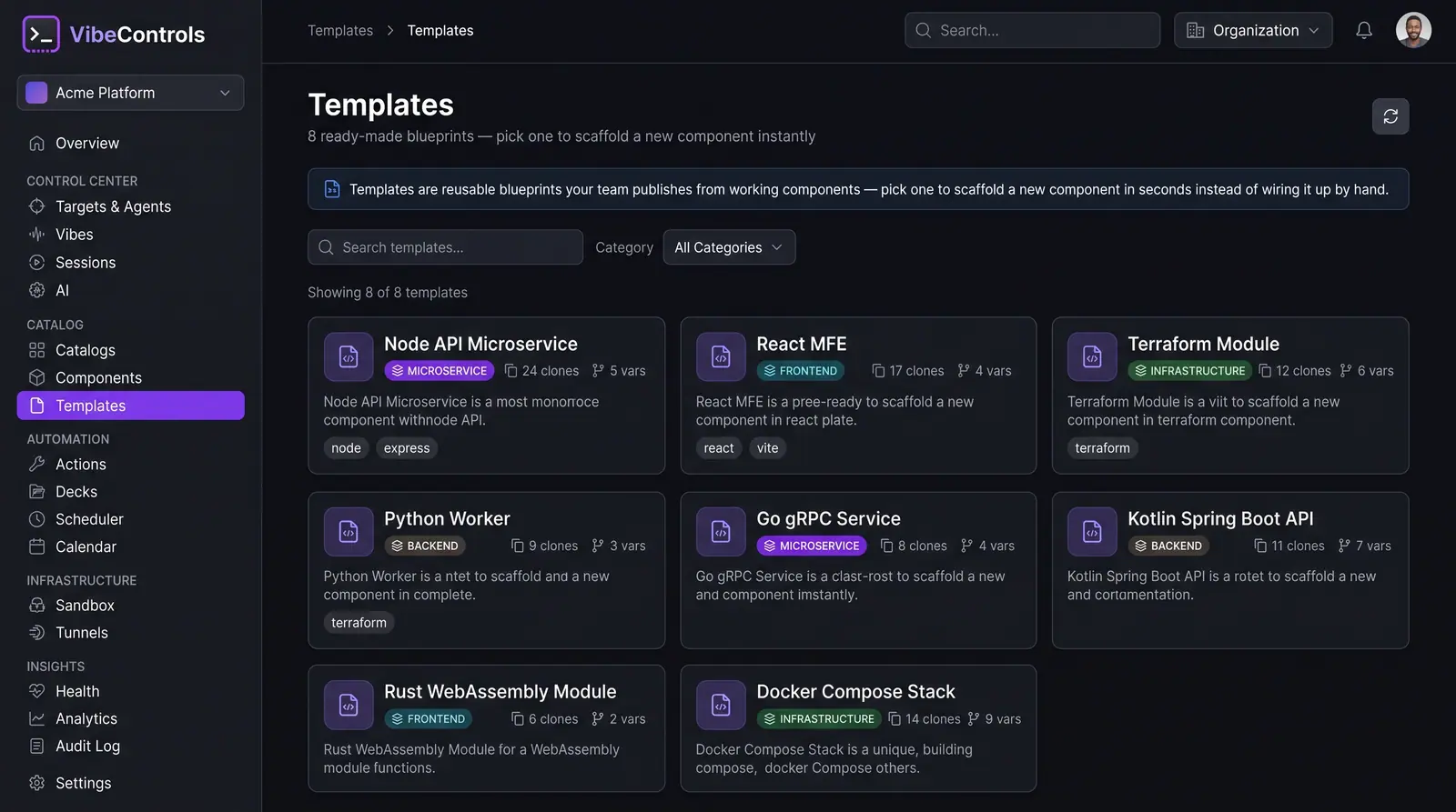 Concept illustration of the VibeControls templates gallery with blueprint cards for microservice, frontend, backend and infrastructure components