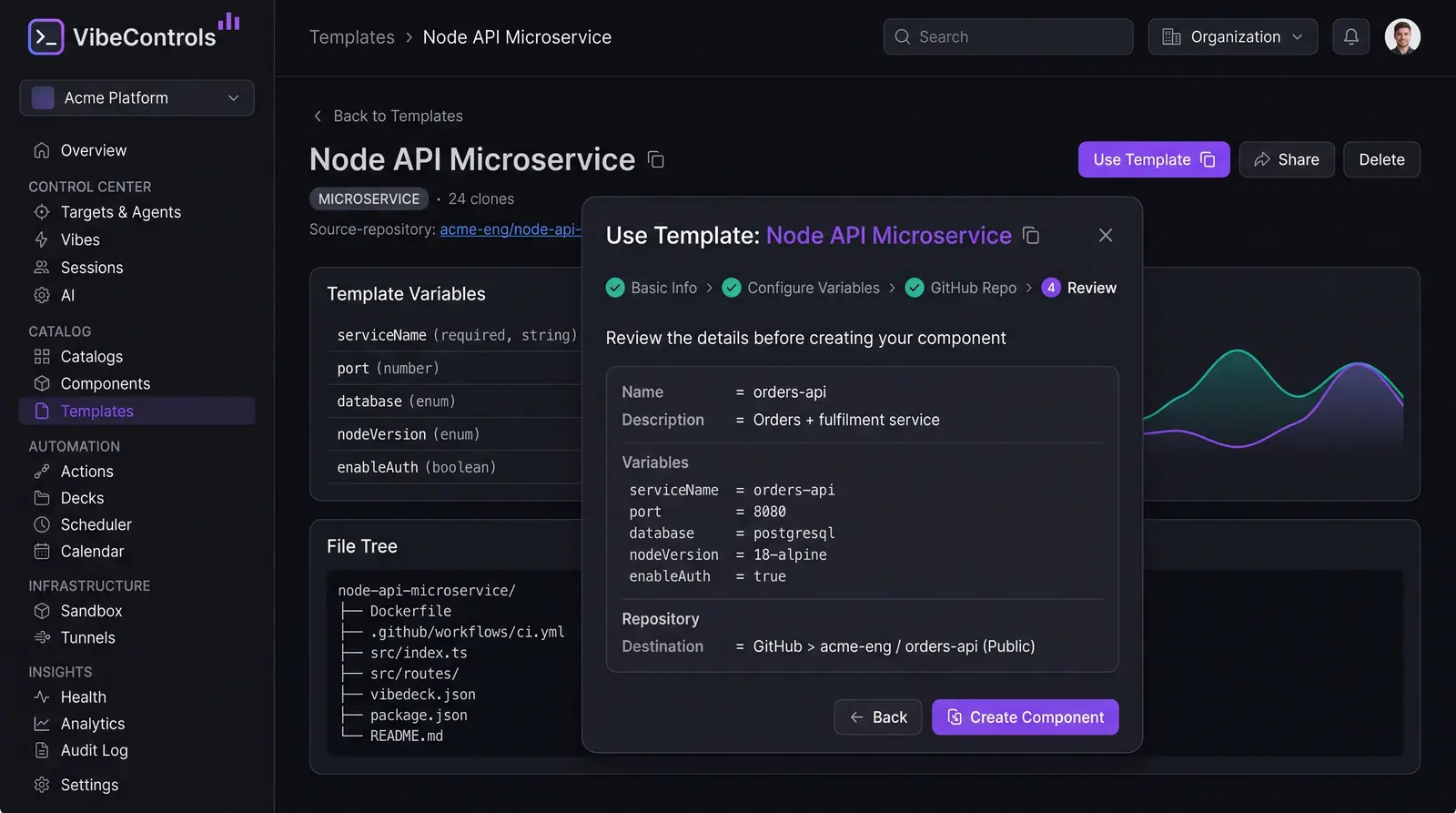 Concept illustration of the VibeControls Use Template wizard at its review step, listing the new component's name, variables and GitHub destination