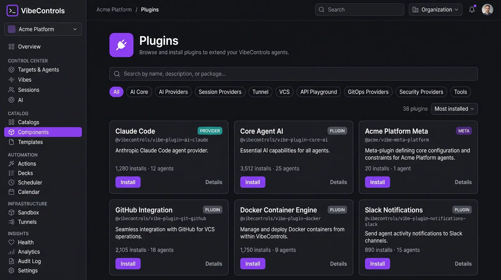 Concept illustration of the VibeControls plugins catalog with category filters and cards showing type, installs, agents and Install buttons