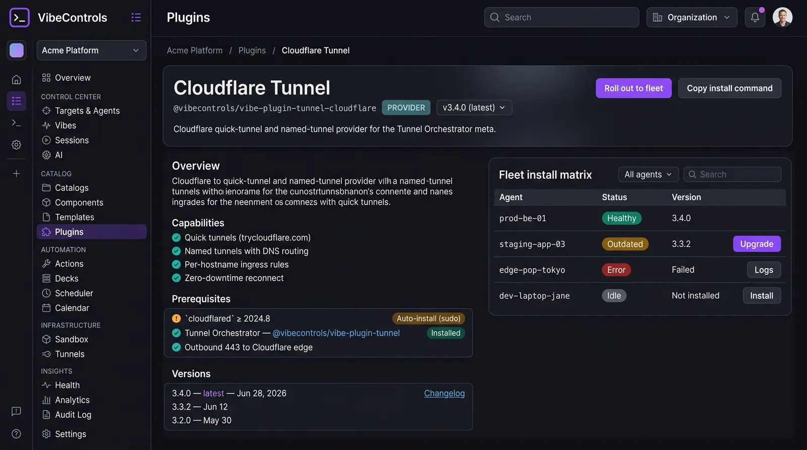 Concept illustration of a VibeControls plugin detail page with capabilities, prerequisites, versions and a per-agent fleet install matrix