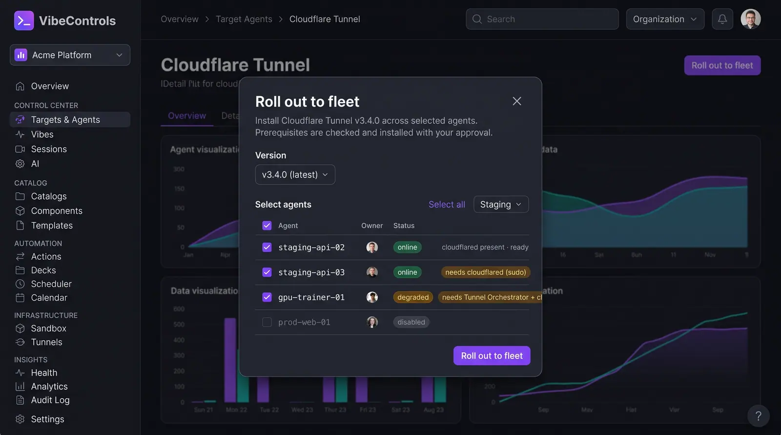 Concept illustration of the VibeControls Roll out to fleet dialog selecting agents and showing each agent's status and prerequisite readiness