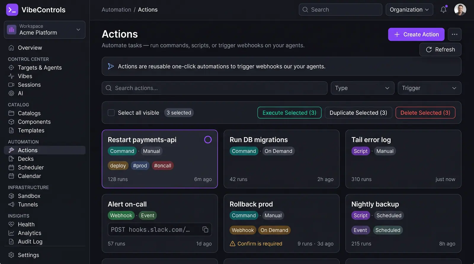 Concept illustration of the VibeControls Actions library with filterable action cards, bulk controls, run counts and a confirmation warning