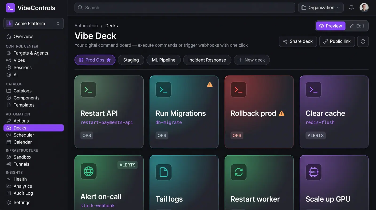 Concept illustration of the VibeControls Vibe Deck board with deck tabs and large one-click tiles for restarts, migrations, rollbacks and alerts