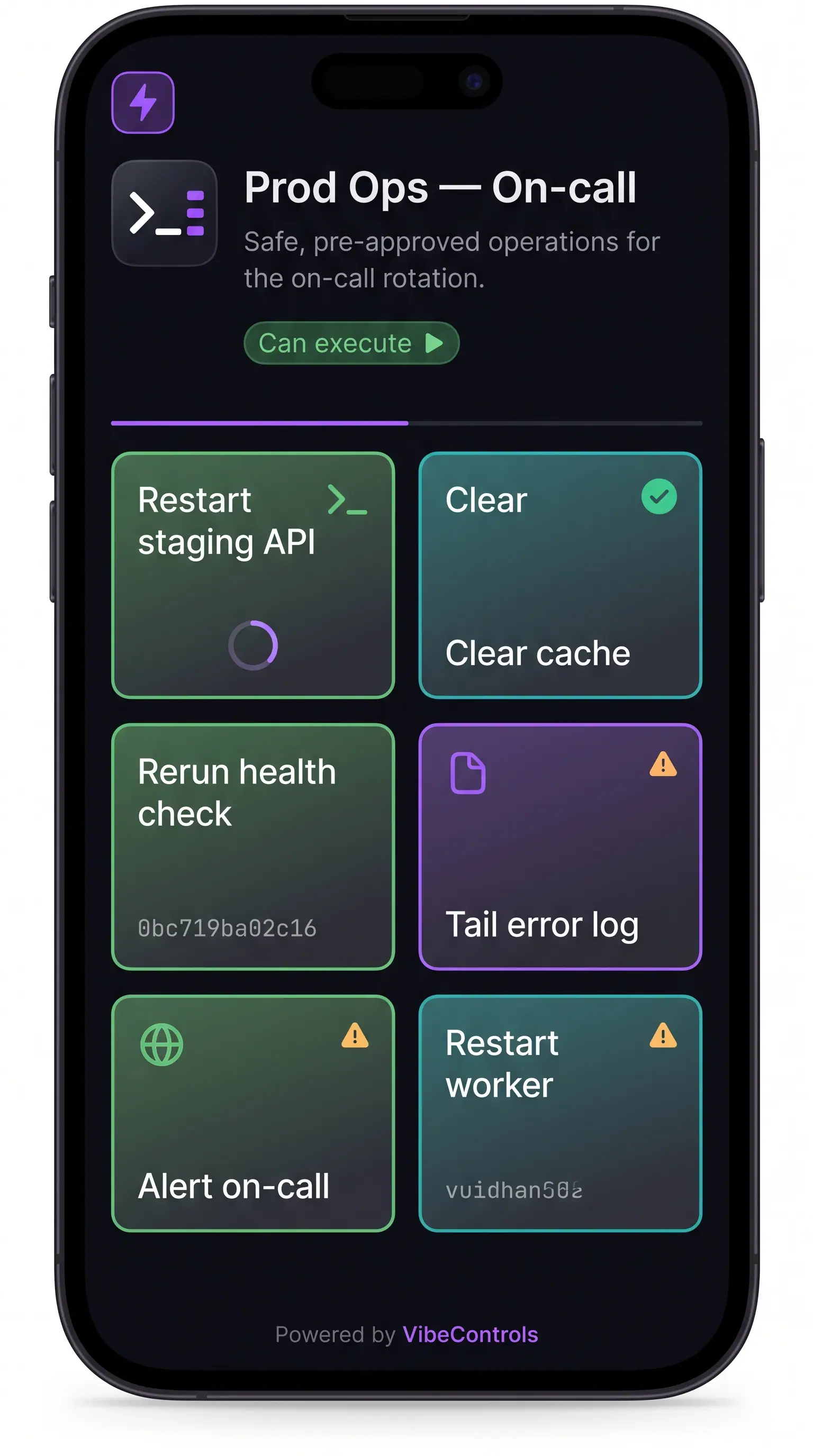 Concept illustration of a shared VibeControls on-call deck on a phone with six pre-approved operation tiles and a Can execute badge