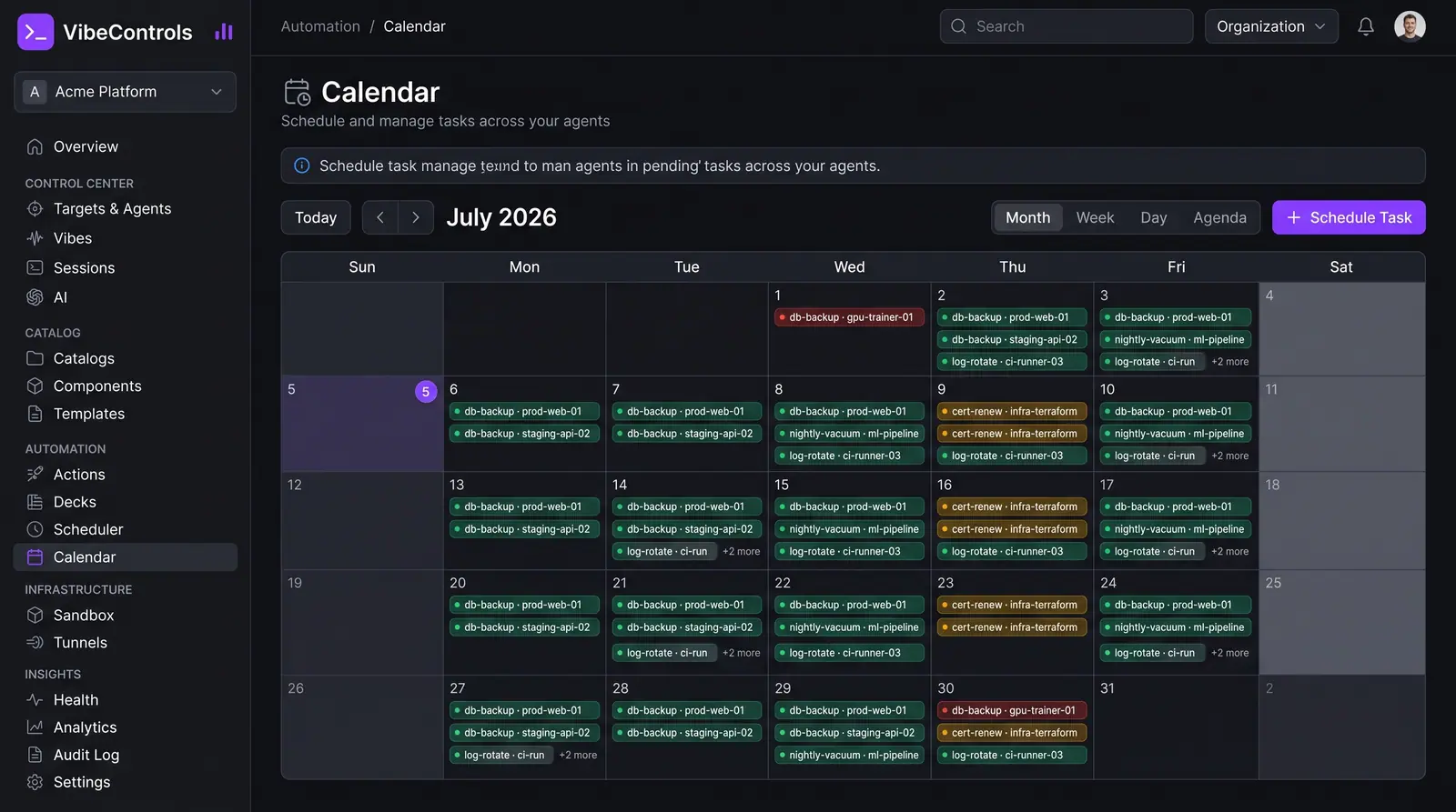 Concept illustration of the VibeControls calendar month view with scheduled job chips per day, colored by status, and a Schedule Task button