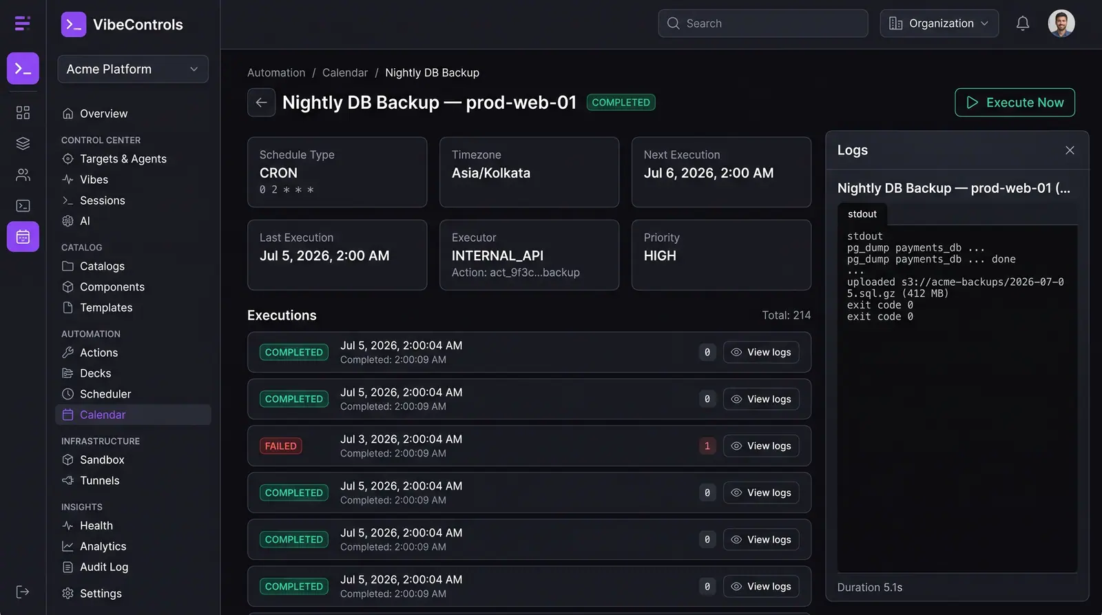 Concept illustration of a VibeControls scheduled job page with cron details, an executions list with exit codes and a logs panel