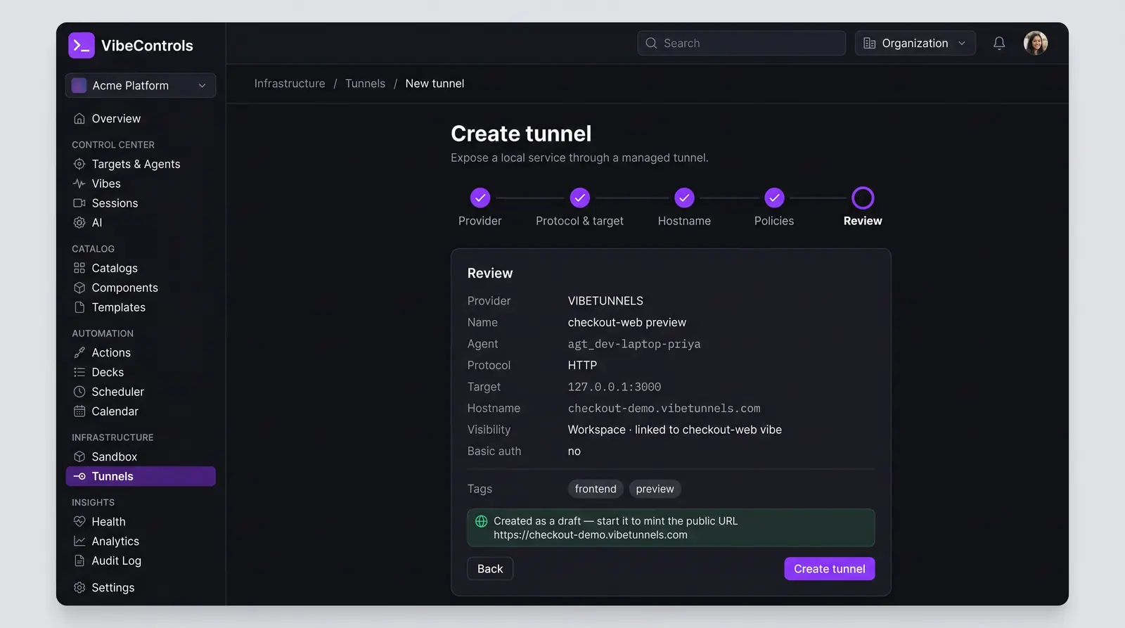 Concept illustration of the VibeControls create tunnel wizard on its review step, summarizing provider, agent, protocol, target and visibility