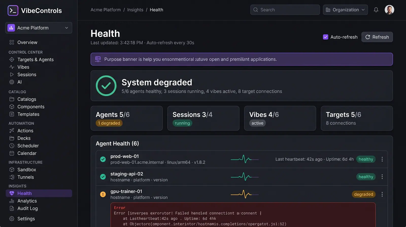 Concept illustration of the VibeControls health page with a system status headline, fleet summary cards and an agent health list