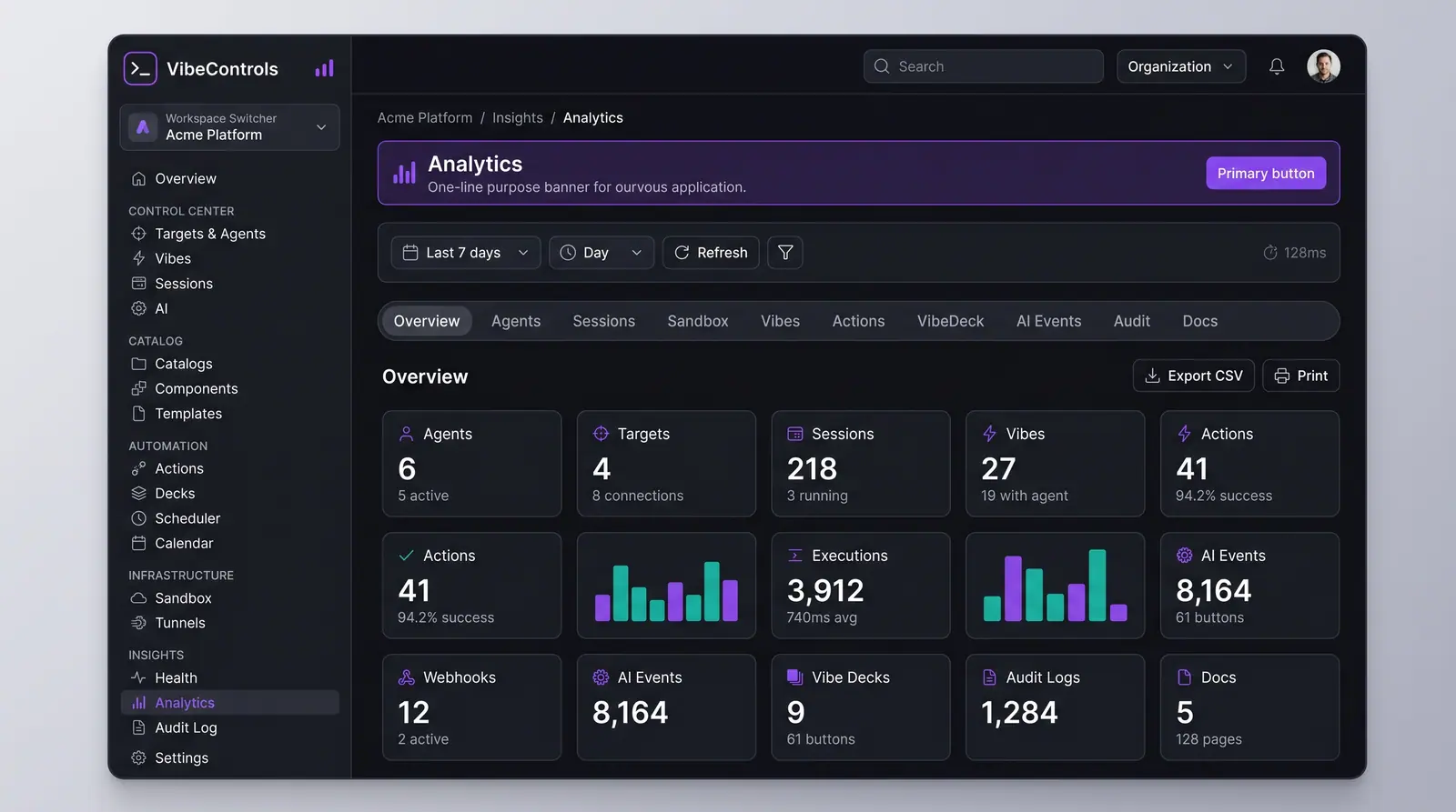 Concept illustration of the VibeControls analytics overview with date range controls, section tabs and a grid of fleet usage tiles