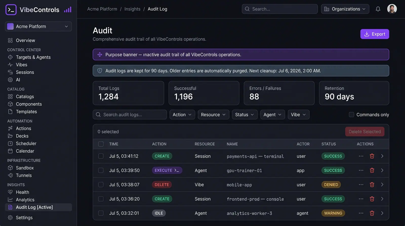Concept illustration of the VibeControls audit log with a retention notice, summary cards, filters and a table of actions with actor and status