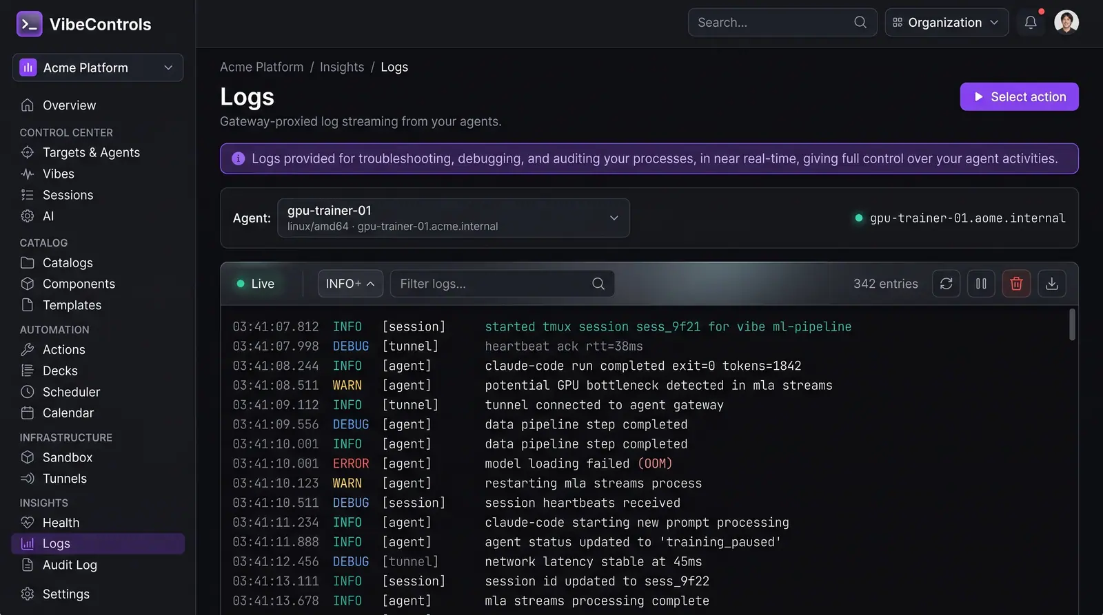 Concept illustration of the VibeControls live log viewer streaming timestamped agent, session and tunnel log lines with severity filters