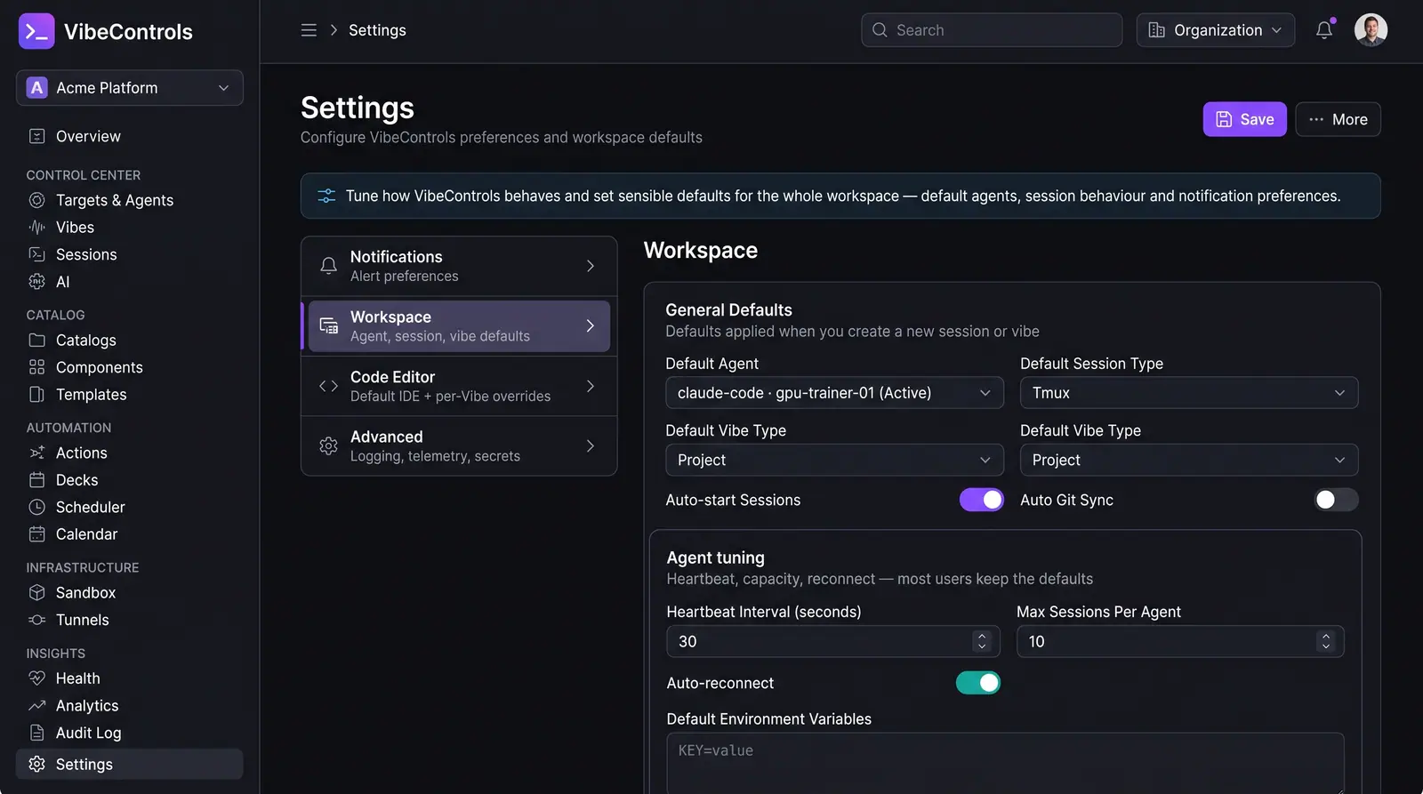 Concept illustration of VibeControls workspace settings with default agent, session and vibe types, auto-start switches and agent tuning