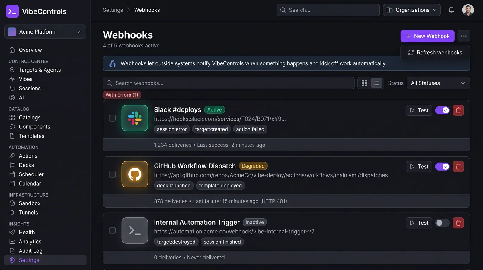 Concept illustration of the VibeControls webhooks list with status badges, subscribed event chips, test and enable controls and delivery stats