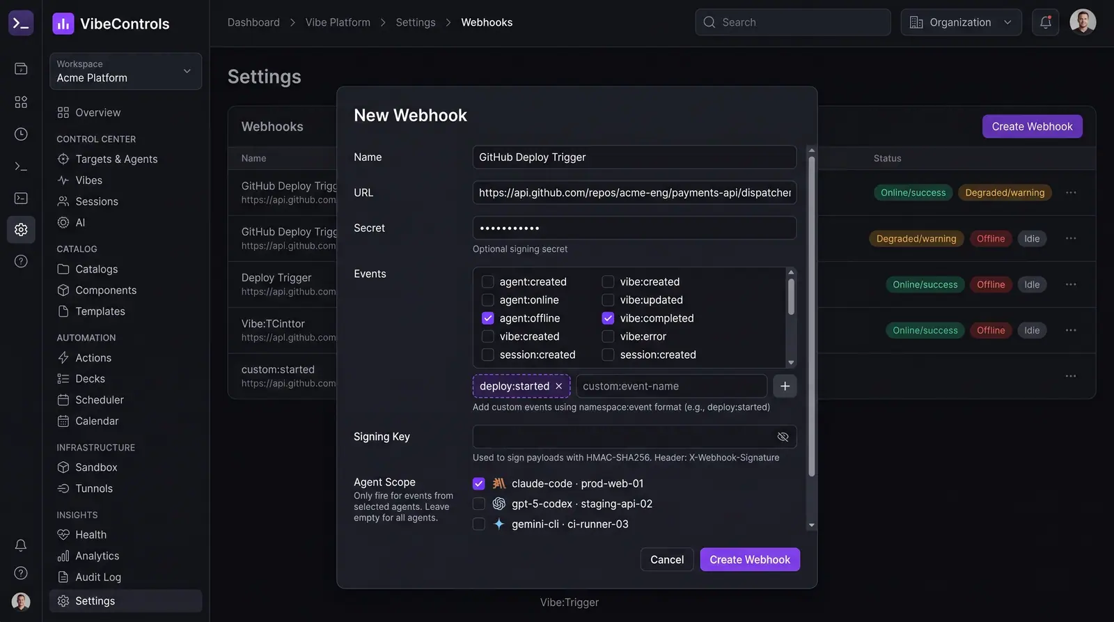Concept illustration of the VibeControls new webhook dialog with URL, event checklist, custom events, HMAC signing key and agent scope