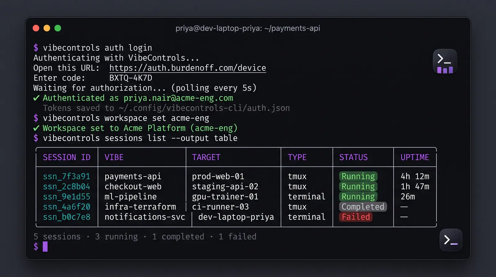 Concept illustration of the VibeControls command-line tool signing in with a device code and listing sessions in a status table