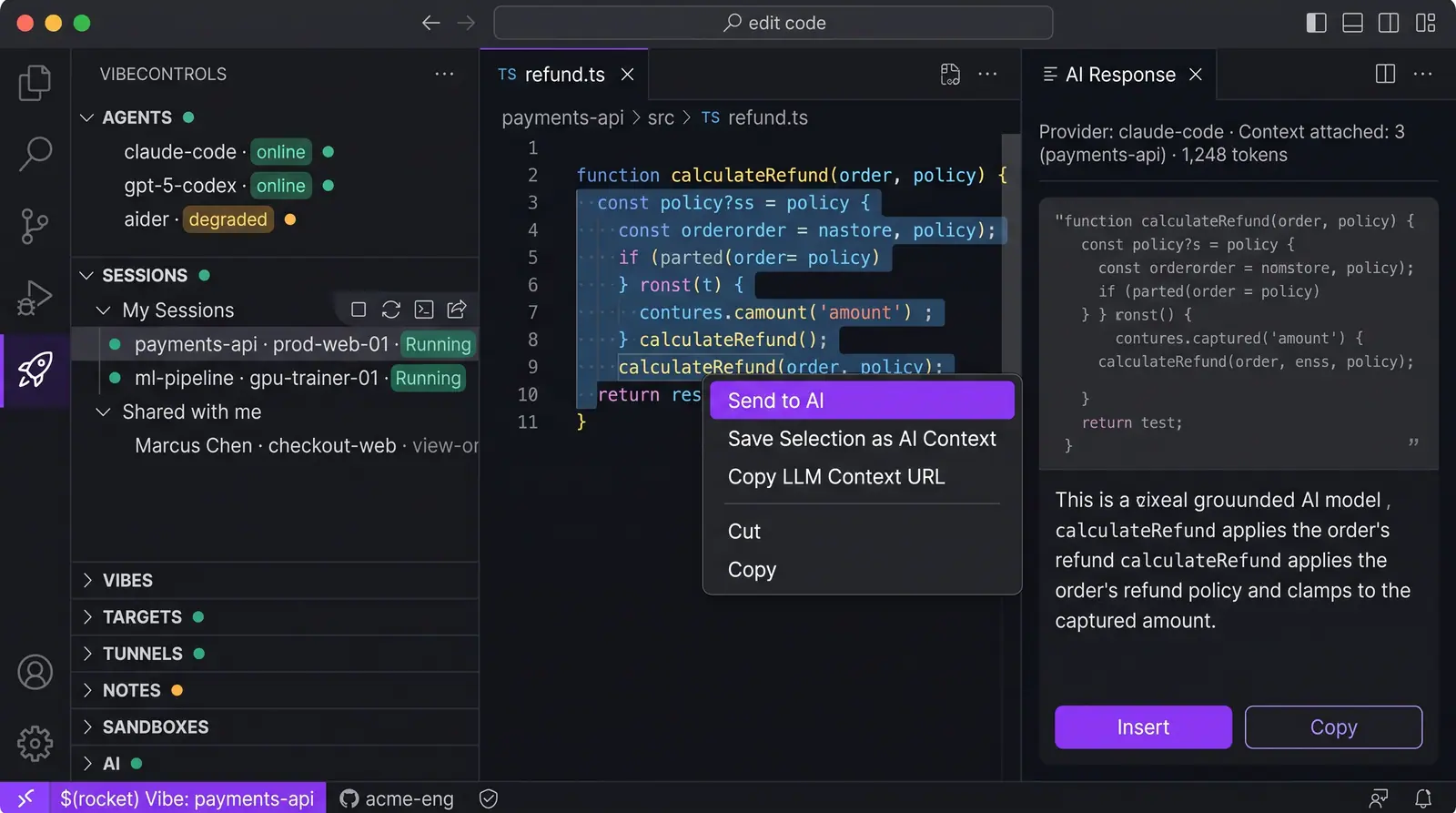 Concept illustration of a VibeControls panel in VS Code with agents and sessions, a Send to AI context menu and an AI Response panel