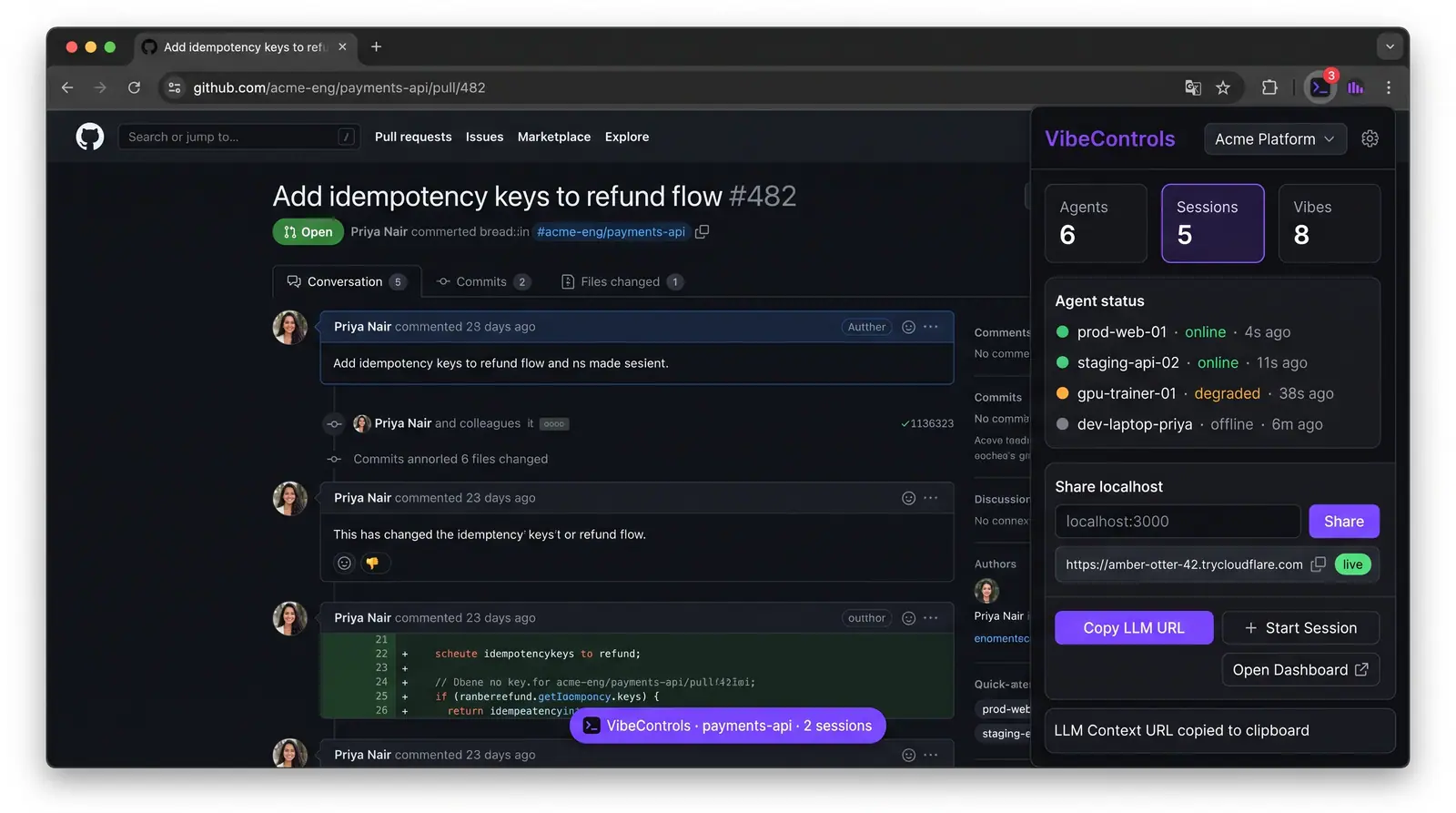 Concept illustration of the VibeControls browser extension popup over a pull request, showing agent status, localhost sharing and quick actions
