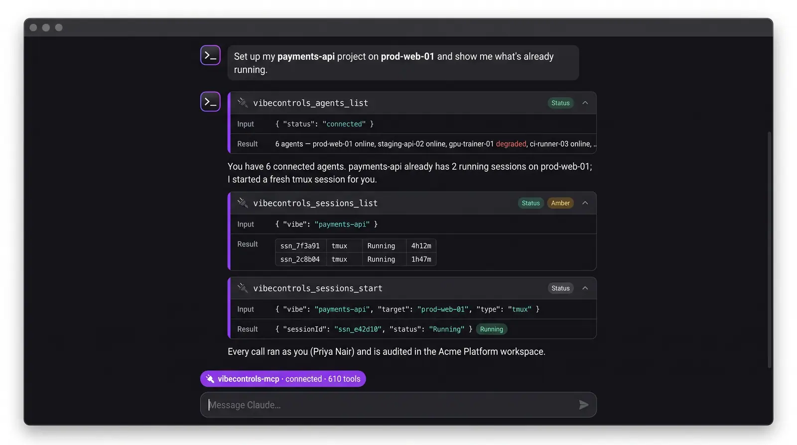 Concept illustration of an AI assistant chat calling VibeControls MCP tools to list agents and sessions and start a tmux session